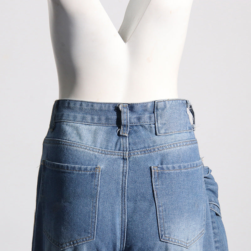 Spring Retro Washed Distressed Stitching Bow Design High Waist Slimming Straight Jeans Women - Modestly Vogue 