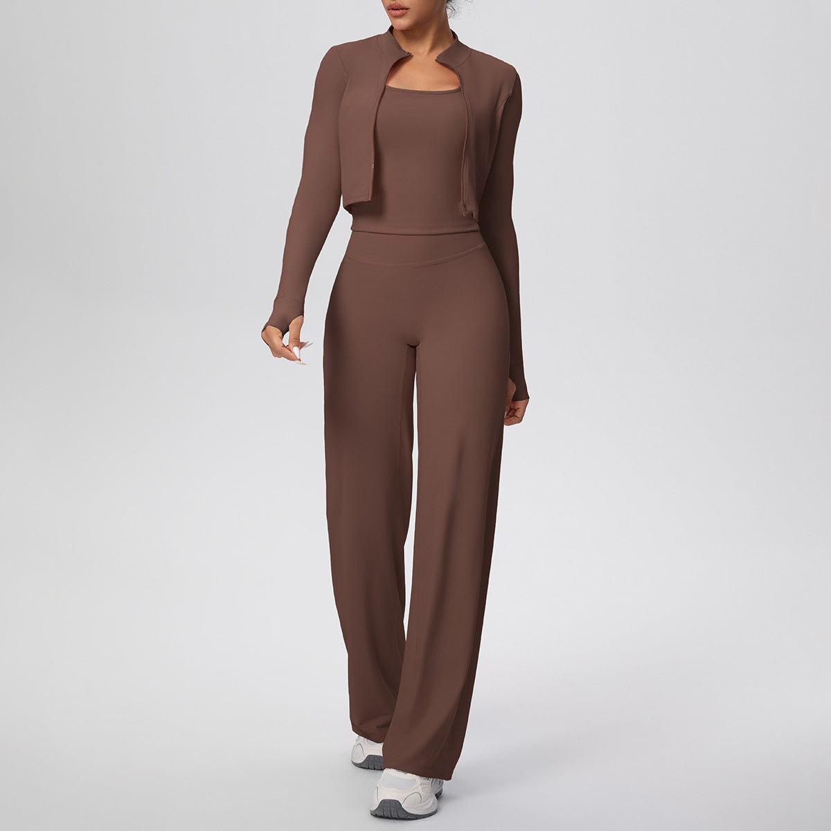 Solid Color Zip Long Sleeve Coat & Yoga Three-Piece Suit