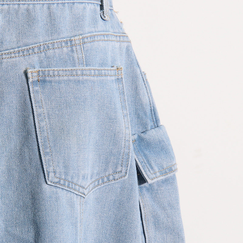 Distressed Retro Washed Denim Skirt – High Waist Multi-Pocket - Modestly Vogue 