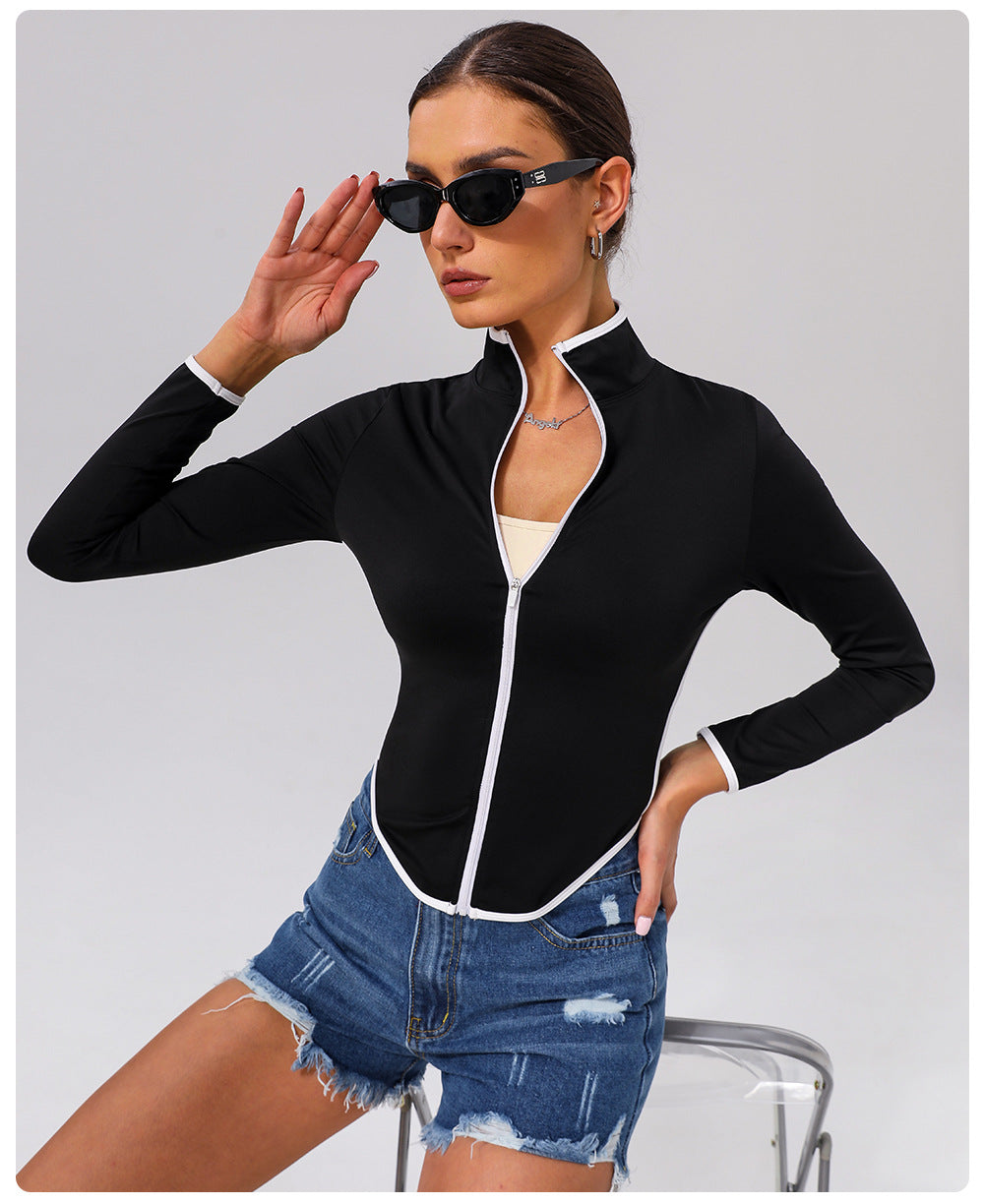 Contrast Color Yoga Jacket – Long Sleeve Stand Collar Workout Top