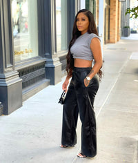 Women Clothing Solid Color Loose Wide Leg Pocket Faux Leather Pants - Modestly Vogue 