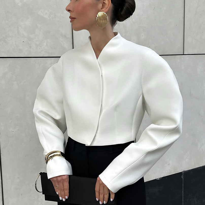 Women’s V-Neck Long Sleeve Loose Short Coat – Minimalist Chic