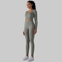 Seamless Knitted Long Sleeve Exercise Workout Pants Quick Drying Jacquard Breathable Hip Lifting Running Yoga Clothes Suit