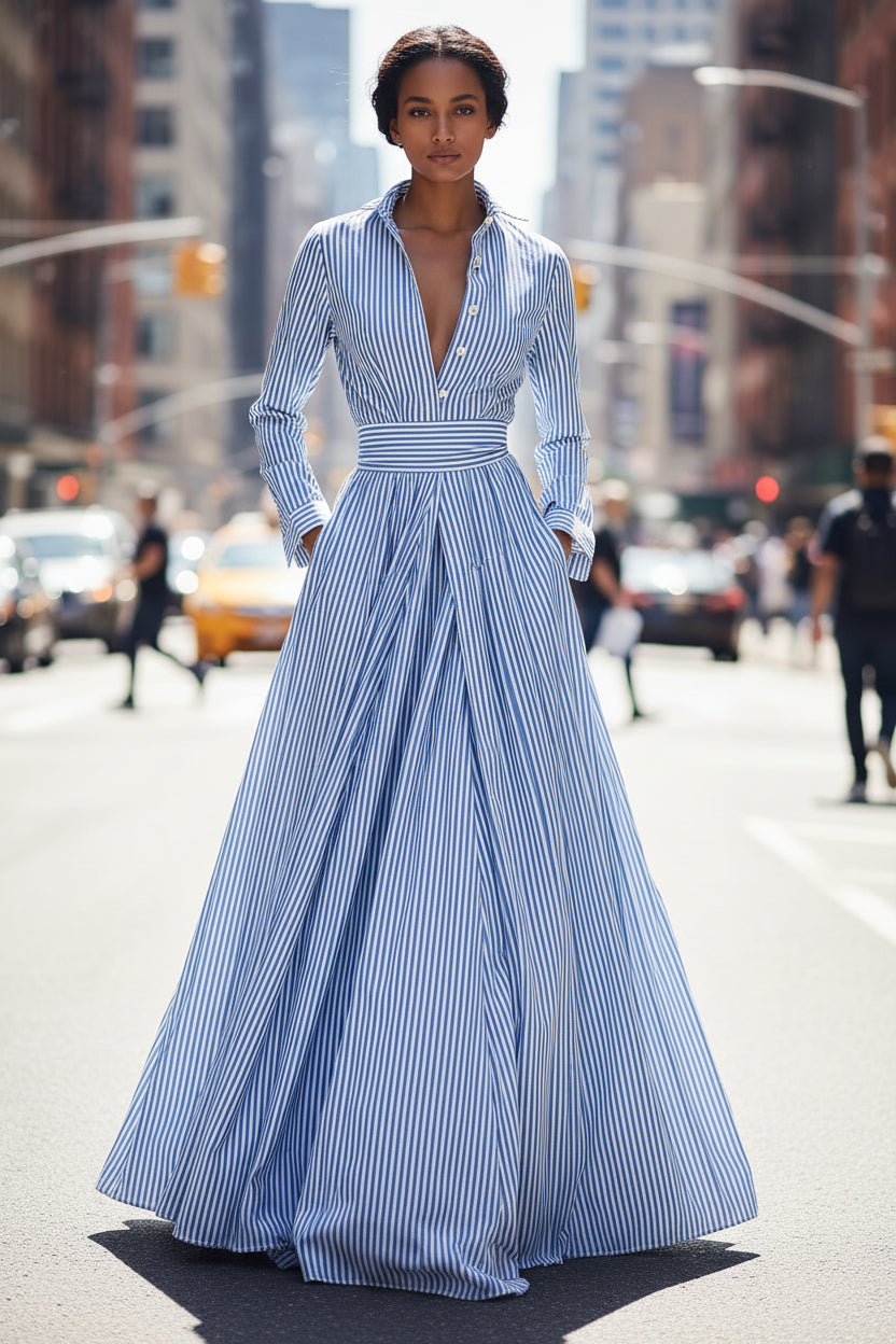 Polo Collar Elegant Cotton Polyester Striped Long Sleeved Pocket Cardigan Lace up Shirt Dress - Modestly Vogue 