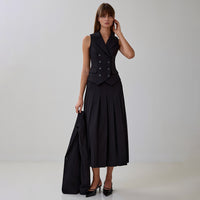 Neutral Autumn Elegant Maxi Skirt Sleeveless Vest Pleated Dress Two Piece Set - Modestly Vogue 