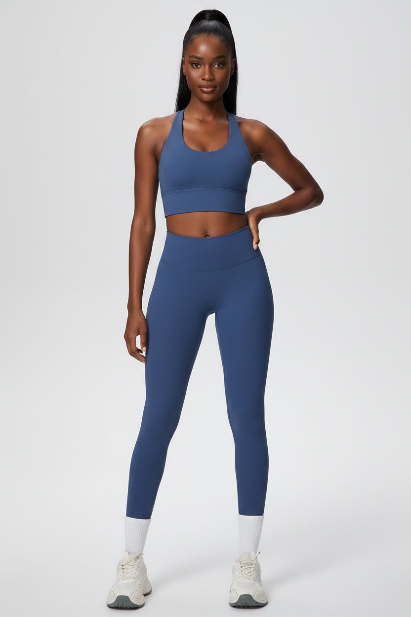 Solid Color Halter Beauty Back Exercise Bra Gathering Vest Running Body Shaping Exercise Workout Pants Yoga Two Piece Sets - Modestly Vogue 