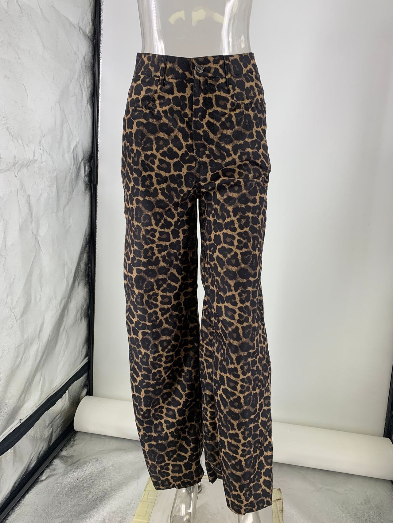 V neck Puff Sleeve White Shirt High Waist Retro Leopard Print Wide Leg Pants Two Piece Sets - Modestly Vogue 
