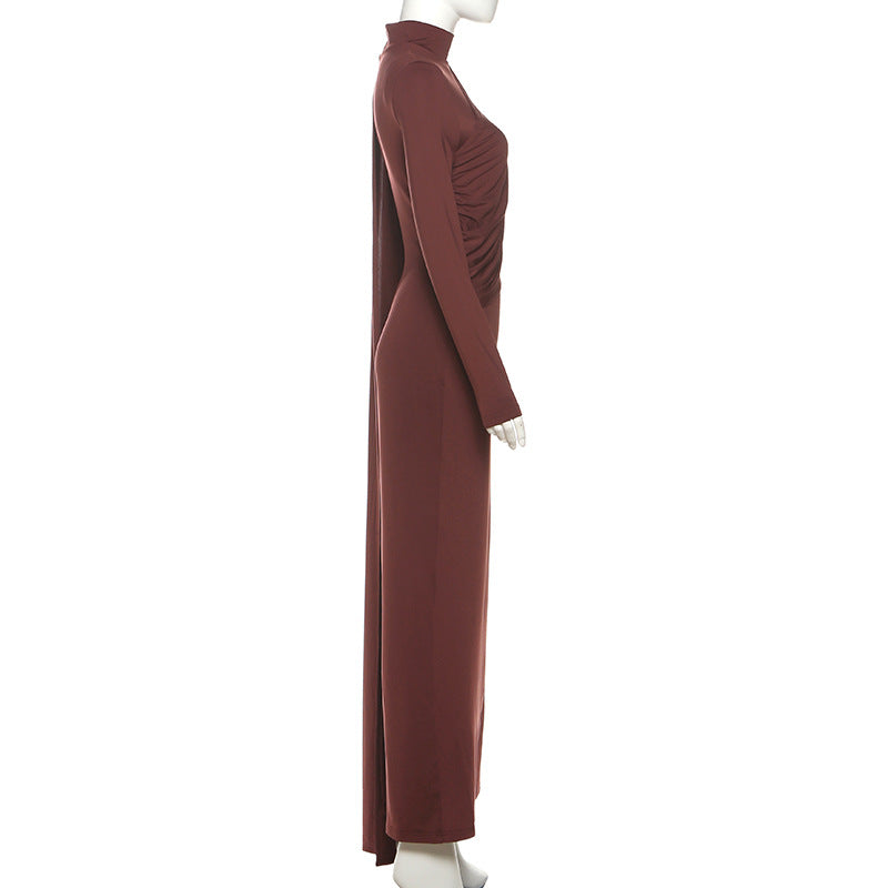 Brown Elegant High Neck Long Sleeves Flowing Scarf Maxi Dress - Modestly Vogue 