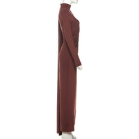 Brown Elegant High Neck Long Sleeves Flowing Scarf Maxi Dress - Modestly Vogue 