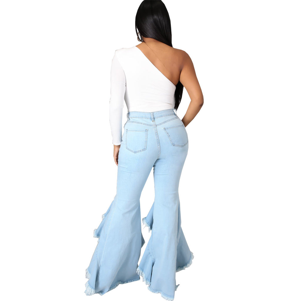 Ripped Washed Denim Stretch Slim Bell Bottom Jeans - Modestly Vogue 