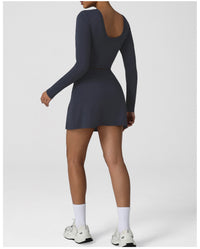 Nude Feel Tennis Women False Two Piece Skirted Leggings Slim Fit Sports Long Sleeved Top Set Outdoor Workout Clothes - Modestly Vogue 