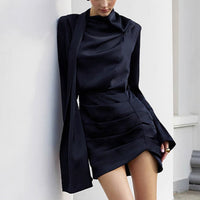 Autumn Winter Irregular Asymmetric Navy Blue Long-Sleeved Dress Women Slim Slimming Sheath - Modestly Vogue 