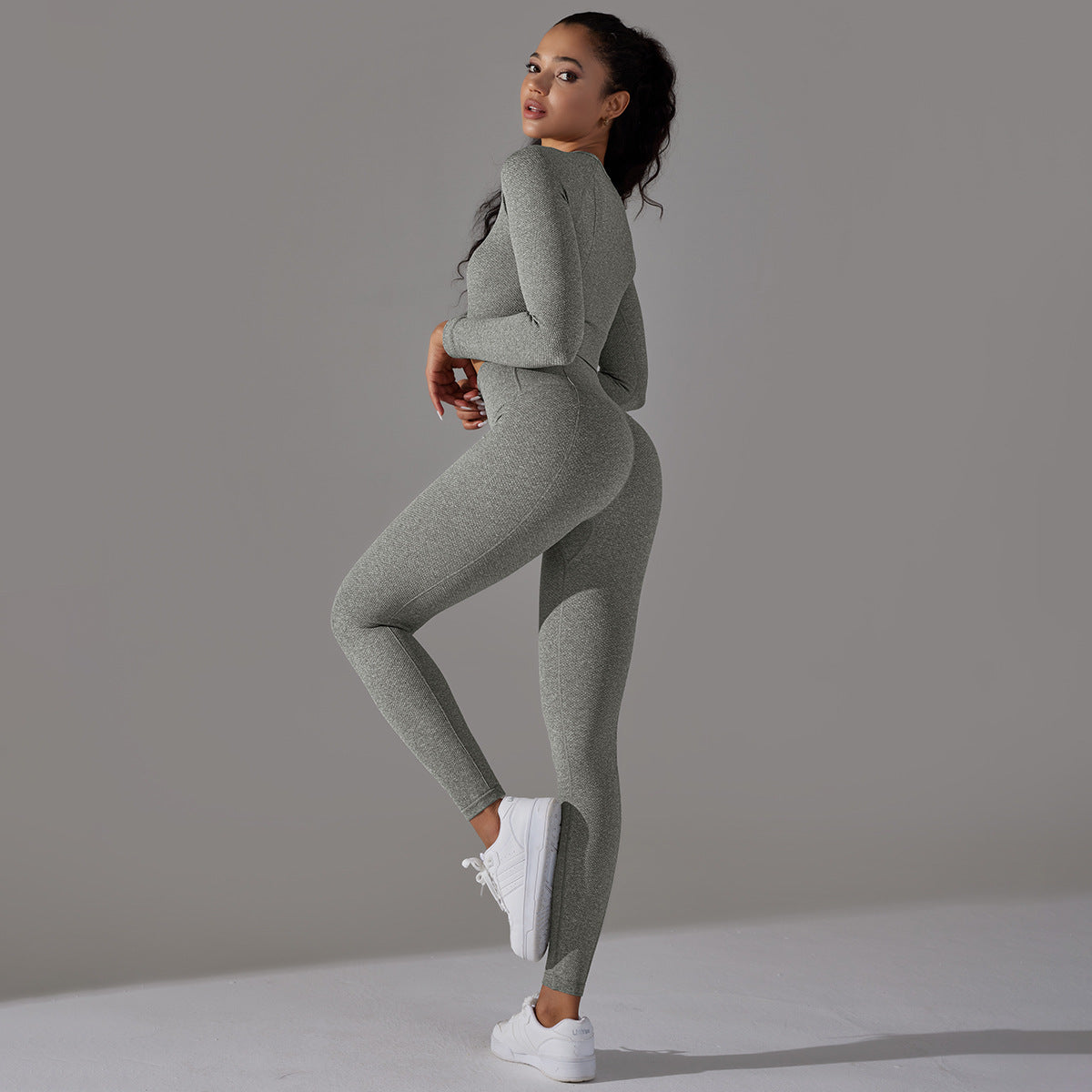 Seamless Knitted Long Sleeve Exercise Workout Pants Quick Drying Jacquard Breathable Hip Lifting Running Yoga Clothes Suit