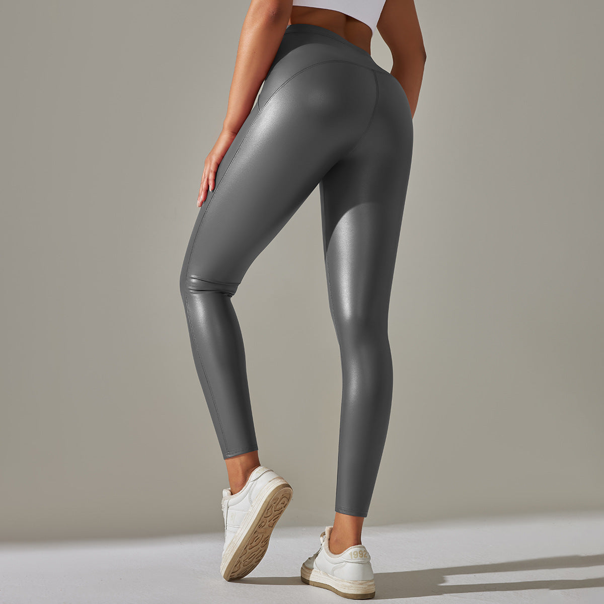 Faux Leather High Waist Solid Color Running Fitness Yoga Pants Leggings - Modestly Vogue 