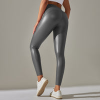 Faux Leather High Waist Solid Color Running Fitness Yoga Pants Leggings - Modestly Vogue 