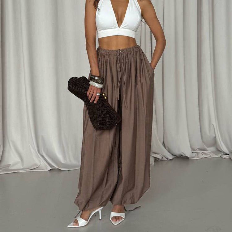 Women Clothing Autumn High Waist Loose Lace up Trousers All Matching Comfortable Casual Pants