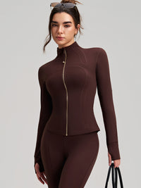 Sports Jacket Women Slim Fit Slimming Yoga Jacket Long Sleeve with Finger Stall Stand Collar High Grade Yoga Clothes (Copy) - Modestly Vogue 