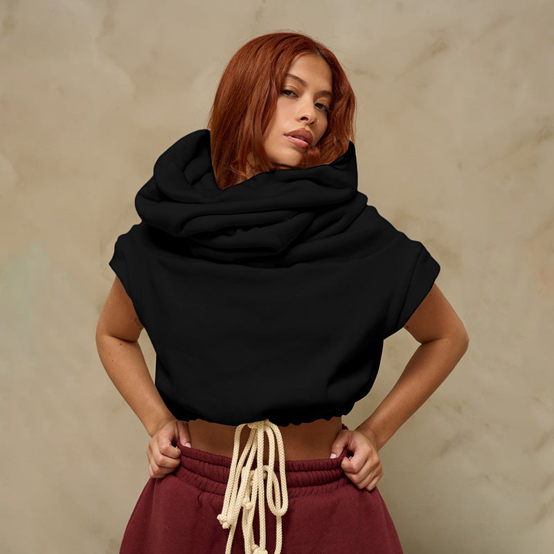 Women Clothing Autumn Winter Solid Color Casual Large Collar Sleeveless Contrast Color Drawstring Hooded Sweater Top
