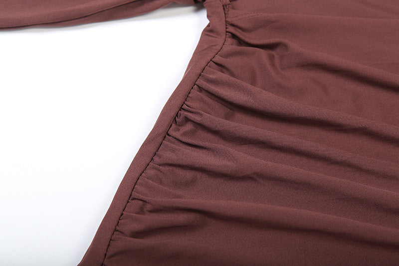 Brown Elegant High Neck Long Sleeves Flowing Scarf Maxi Dress - Modestly Vogue 