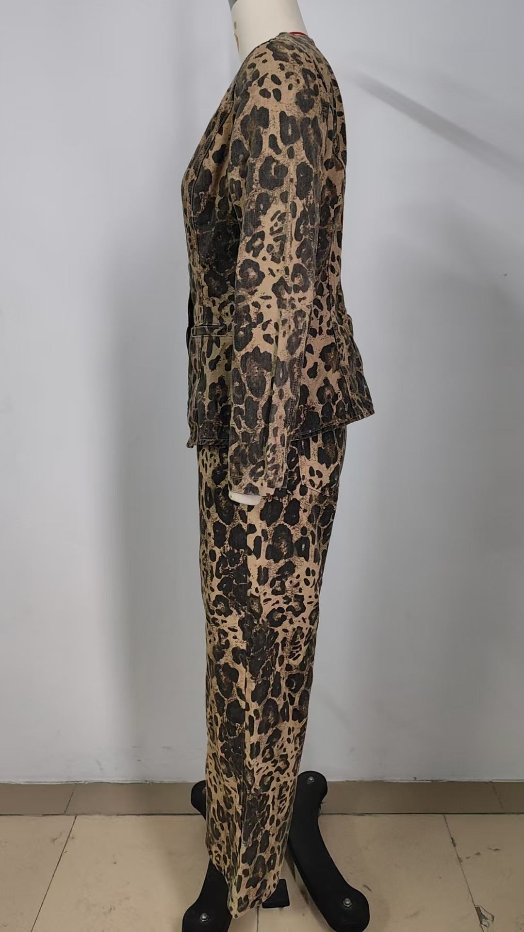 Washed Leopard Print Denim Long Sleeve Top Set for Women
