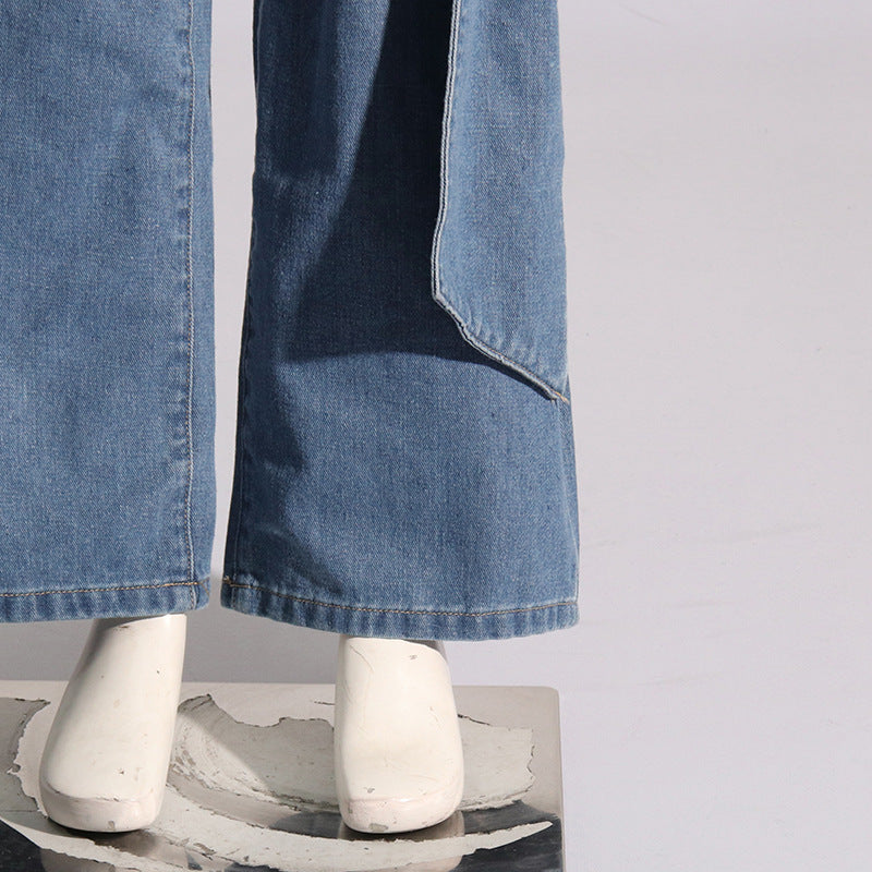 Spring Retro Washed Distressed Stitching Bow Design High Waist Slimming Straight Jeans Women - Modestly Vogue 