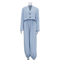 Women Collared Long Sleeve Top Loose Tappered Trousers Two Piece Set - Modestly Vogue 
