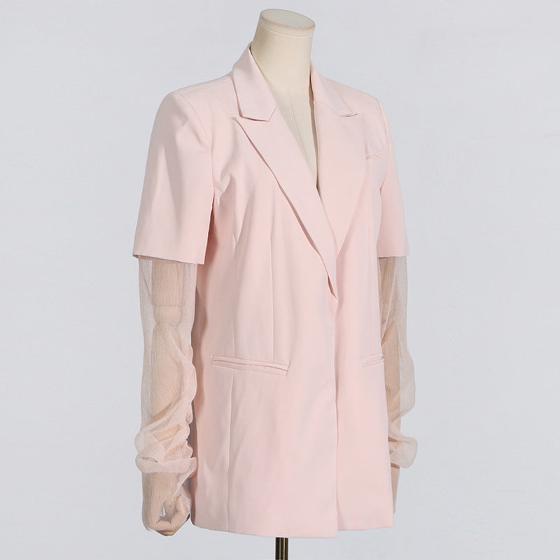 V-Neck Pink Mesh Stitching Long Sleeve Women’s Blazer - Modestly Vogue 