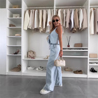 Women Spring Summer Sleeveless Lace up Vest Lace up Wide Leg Jeans Denim Set - Modestly Vogue 