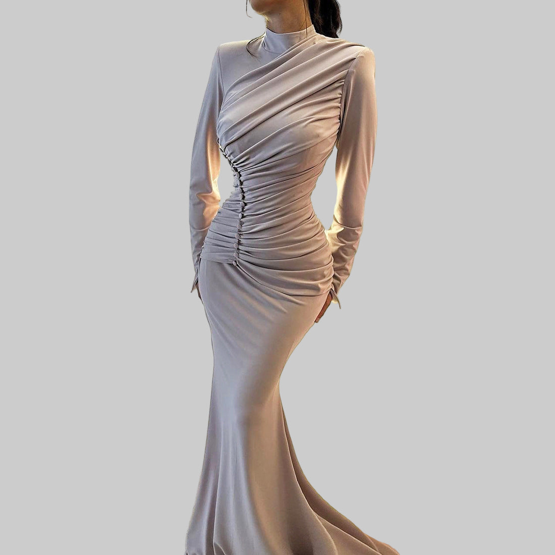 High Waist Ruched Elegant Long Sleeved Holiday Maxi Dress - Modestly Vogue 