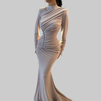 High Waist Ruched Elegant Long Sleeved Holiday Maxi Dress - Modestly Vogue 