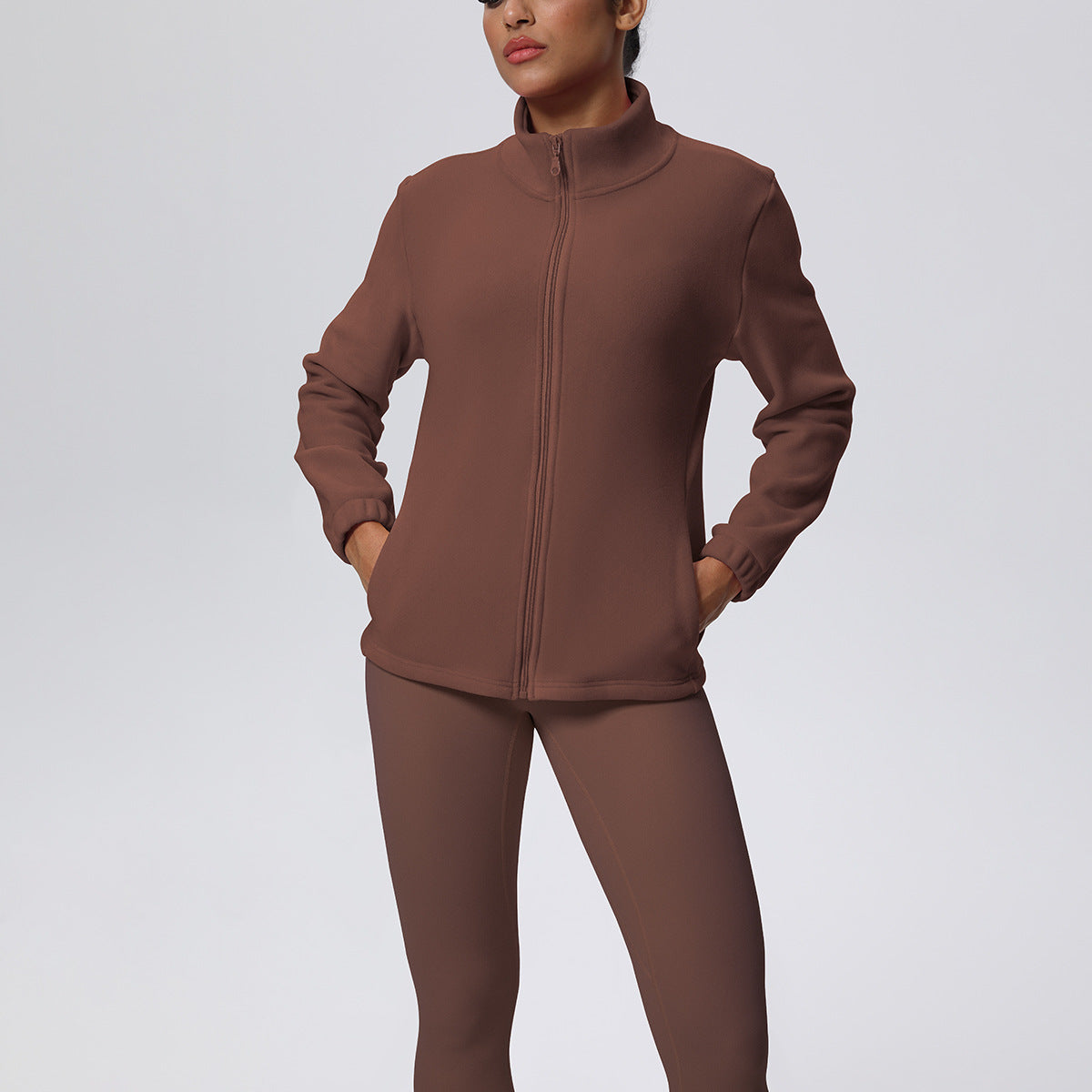 Women’s High Waist Yoga Suit with Long Sleeve Fleece Zipper Coat