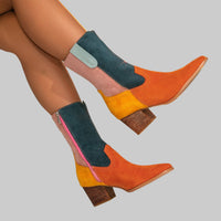 Women Pointed Toe Colorblock Western Boots Side Zipper Warm Lining Low Heel Middle Boots