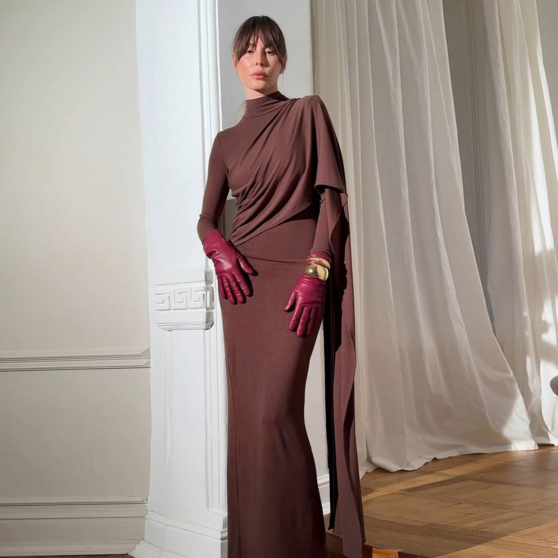 Brown Elegant High Neck Long Sleeves Flowing Scarf Maxi Dress - Modestly Vogue 