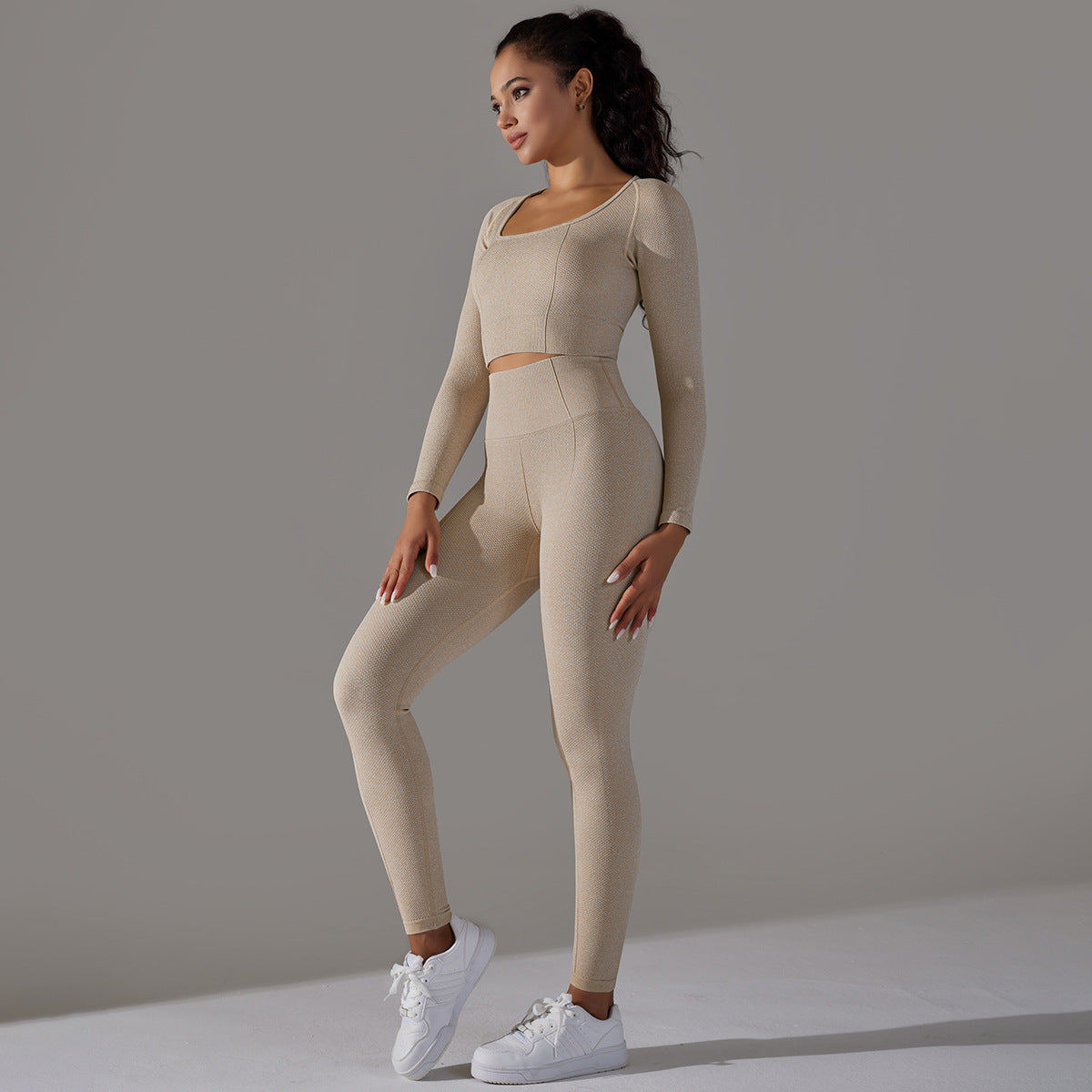 Seamless Knitted Long Sleeve Exercise Workout Pants Quick Drying Jacquard Breathable Hip Lifting Running Yoga Clothes Suit