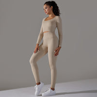 Seamless Knitted Long Sleeve Exercise Workout Pants Quick Drying Jacquard Breathable Hip Lifting Running Yoga Clothes Suit