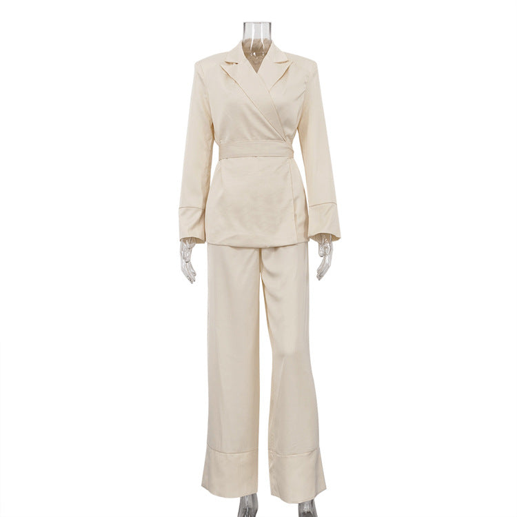 High Grade Satin Office Suit Women Elegant V neck Long Sleeve Tied Top Loose Wide Leg Pants Two Piece Set - Modestly Vogue 