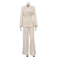 High Grade Satin Office Suit Women Elegant V neck Long Sleeve Tied Top Loose Wide Leg Pants Two Piece Set - Modestly Vogue 