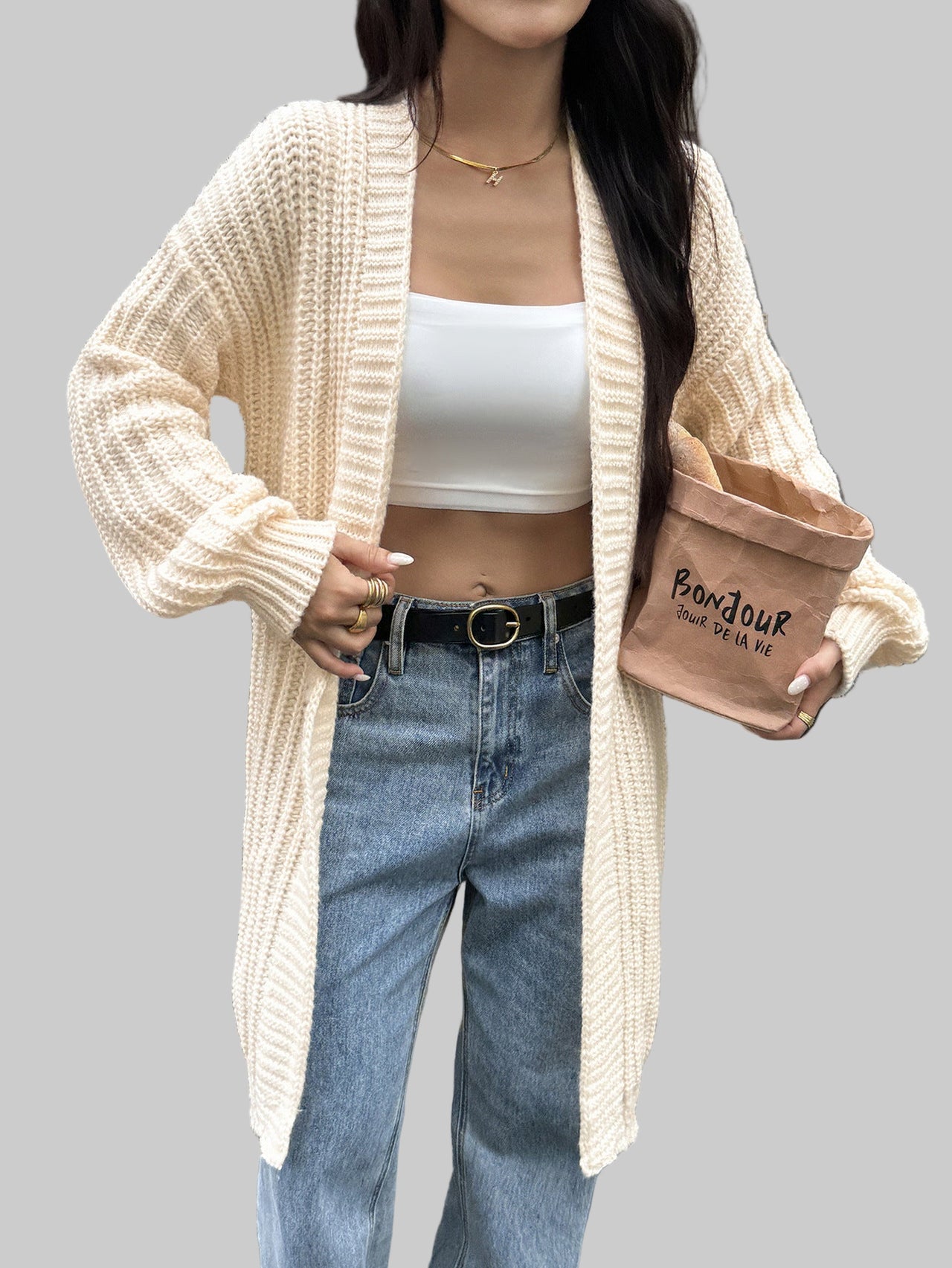 Neutral Long Cardigan Sweater - Modestly Vogue 