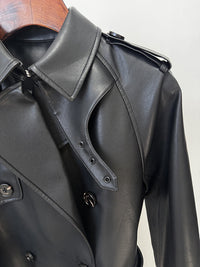 Double Breasted Belted Mid-Length Leather Trench Coat - Modestly Vogue 