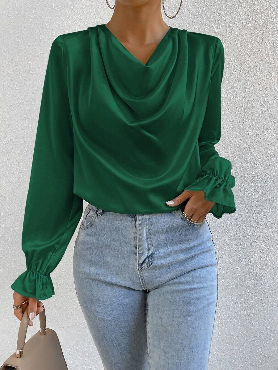 Women’s Ruffle Sleeve Satin Shirt – Elegant Long Sleeve Blouse - Modestly Vogue 