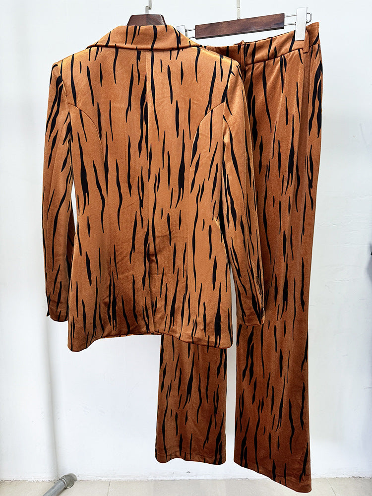 Autumn Winter Tiger Leather Print Blazer Long Sleeved Suit