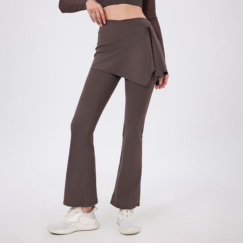 Two-Piece Yoga Set | High-Waist Pleated Bell Bottom Pants And Detachable Skirt - Modestly Vogue 
