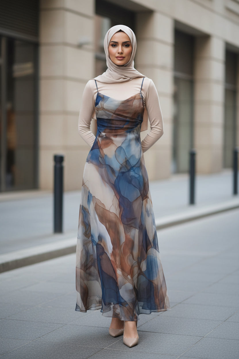 Elegant Chiffon Dress Elegant Colorful Blooming Printed Strap Dress - Modestly Vogue 