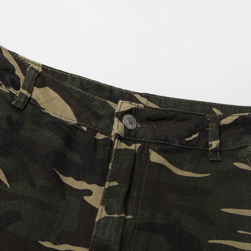 Earthtone High Street Retro Denim Camouflage Pants - Multi Pocket Workwear for Women