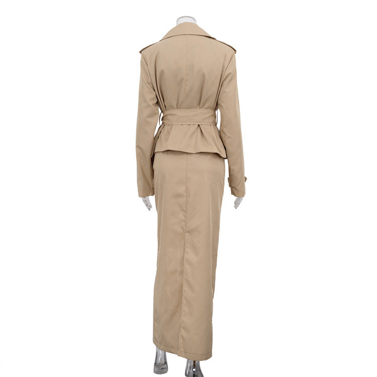 Polo Collar Long Sleeve Trench Coat & Skirt Set