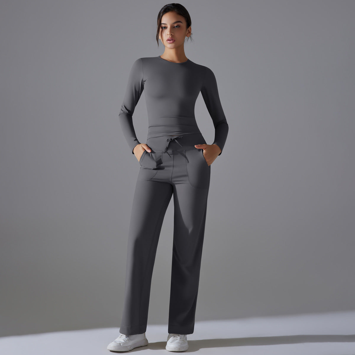 Nude Feel Skin Long Sleeve Yoga Workout Clothes Pocket Running Sports Drawstring Wide Leg Pants Sets - Modestly Vogue 
