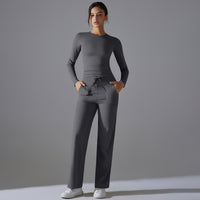 Nude Feel Skin Long Sleeve Yoga Workout Clothes Pocket Running Sports Drawstring Wide Leg Pants Sets - Modestly Vogue 