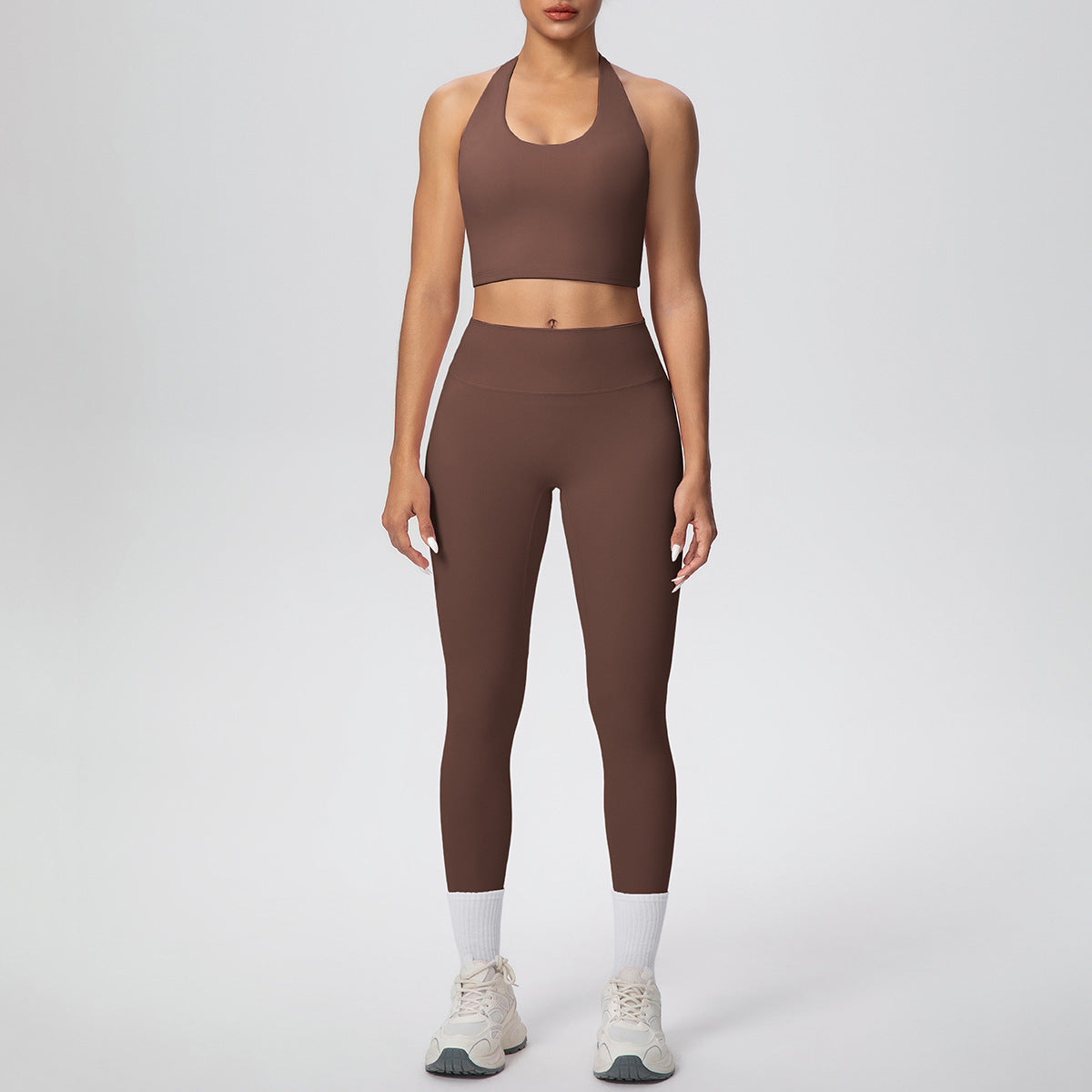Solid Color Halter Beauty Back Exercise Bra Gathering Vest Running Body Shaping Exercise Workout Pants Yoga Two Piece Sets - Modestly Vogue 