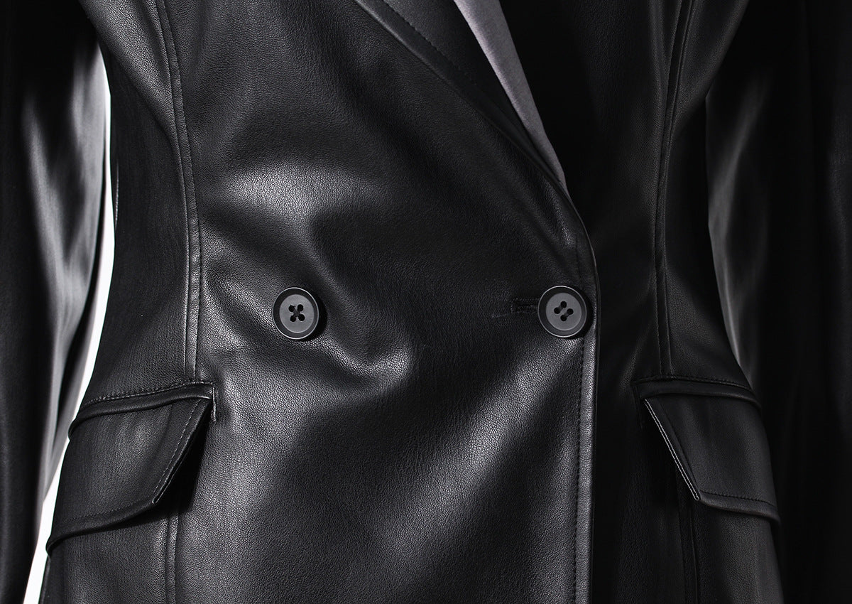 Women’s Faux Leather Stitching Blazer – Loose Autumn Jacket