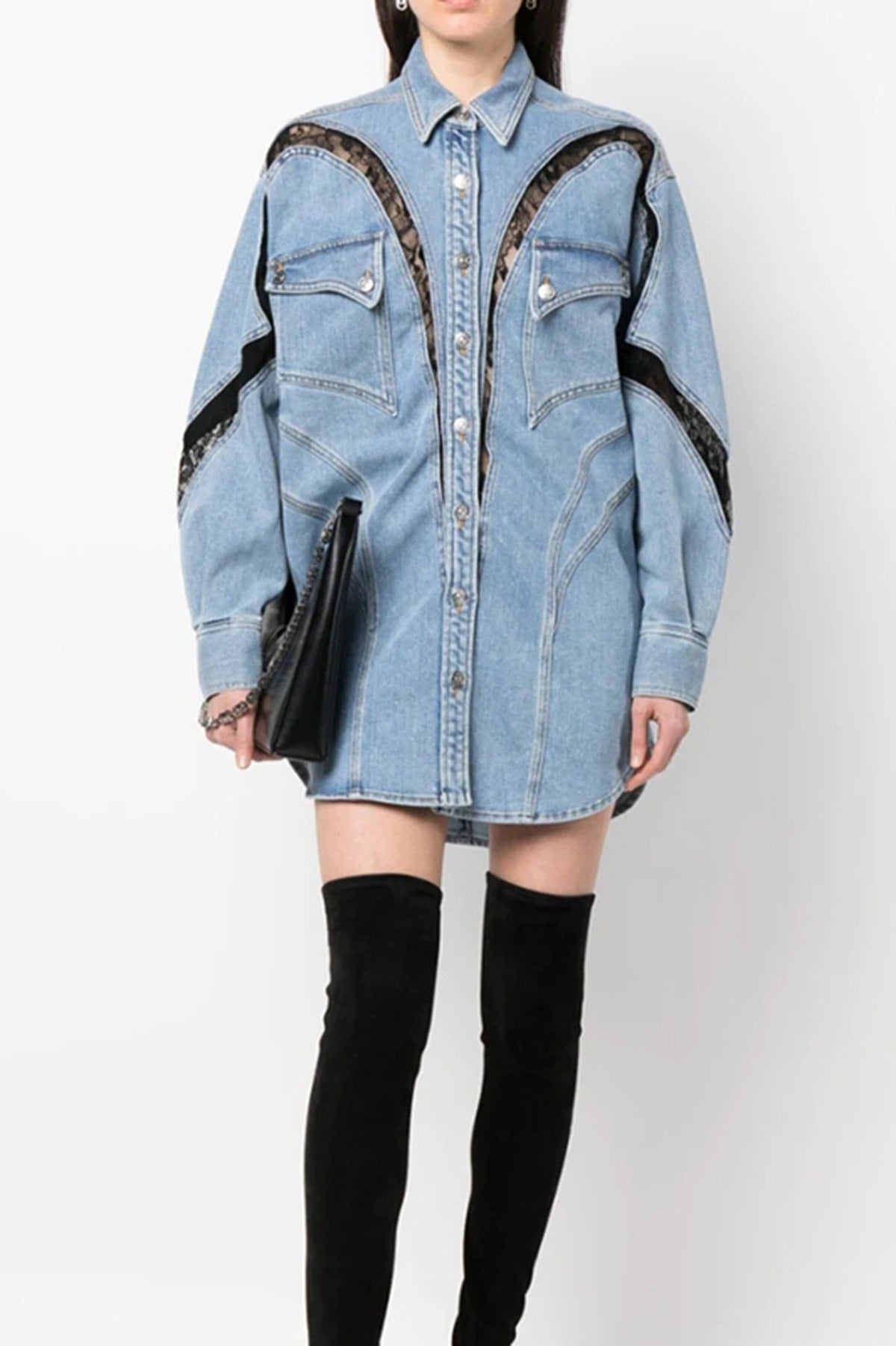 Blue Three Dimensional Split Shirt Spring Summer Lace Stitching Large Profile Shirt Denim Jacket Coat Women - Modestly Vogue 